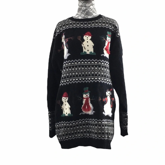 Woolrich Black Knit Snowman Holiday Christmas Womens Large Wool Pullover - Picture 1 of 10